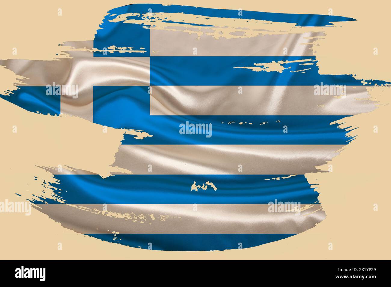 Kreative nationale Grunge-Flagge, Pinselstrich, griechische Flagge auf beigefarbenem isoliertem Hintergrund, Konzept der Politik, globales Geschäft, internationale Zusammenarbeit, Stockfoto