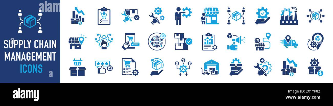 Symbolsatz für Supply Chain Management, Wertschöpfungskette, Logistik, Lieferung, Fertigung, Handel. Symbolsammlung. Vektorabbildung. Stock Vektor