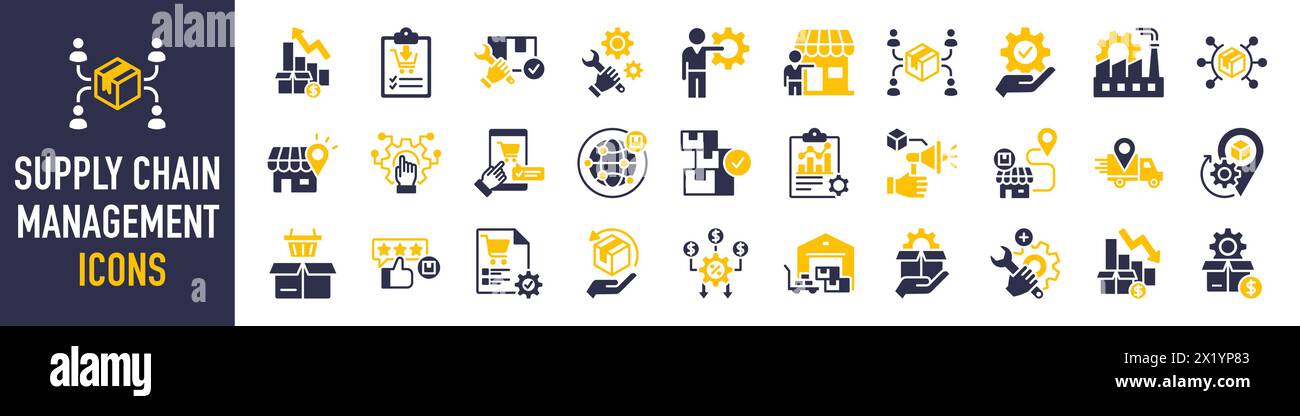 Symbolsatz für Supply Chain Management, Wertschöpfungskette, Logistik, Lieferung, Fertigung, Handel. Symbolsammlung. Vektorabbildung. Stock Vektor