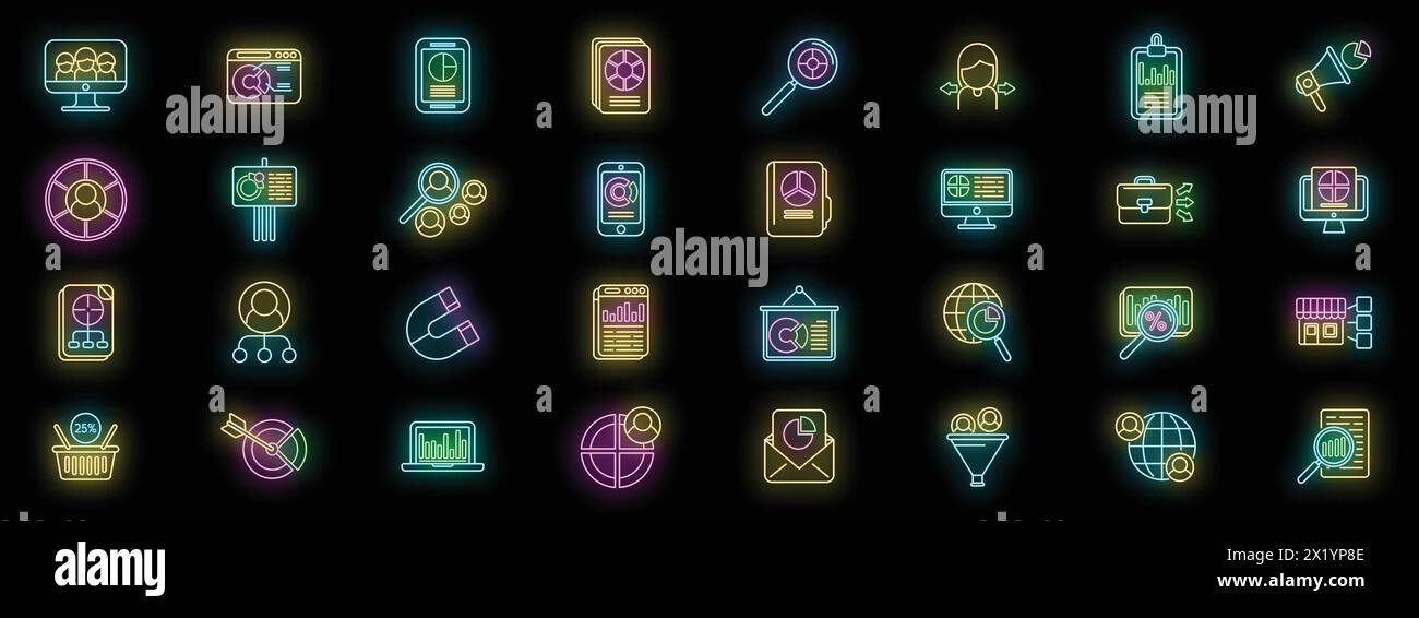 Symbole für die Marktsegmentierung legen den Konturvektor fest. Zielgruppe des Kunden. Client Business Neonfarbe auf Schwarz Stock Vektor