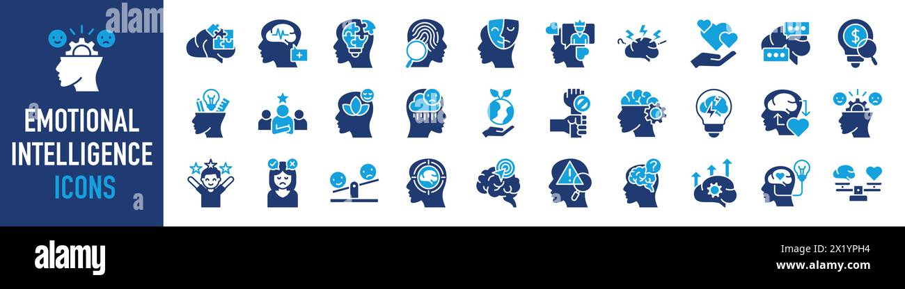 Symbol für emotionale Intelligenz. Wie soziale Fähigkeiten, Selbstbewusstsein, Selbstregulierung, Empathie und Motivationsvektorsymbole. Stock Vektor