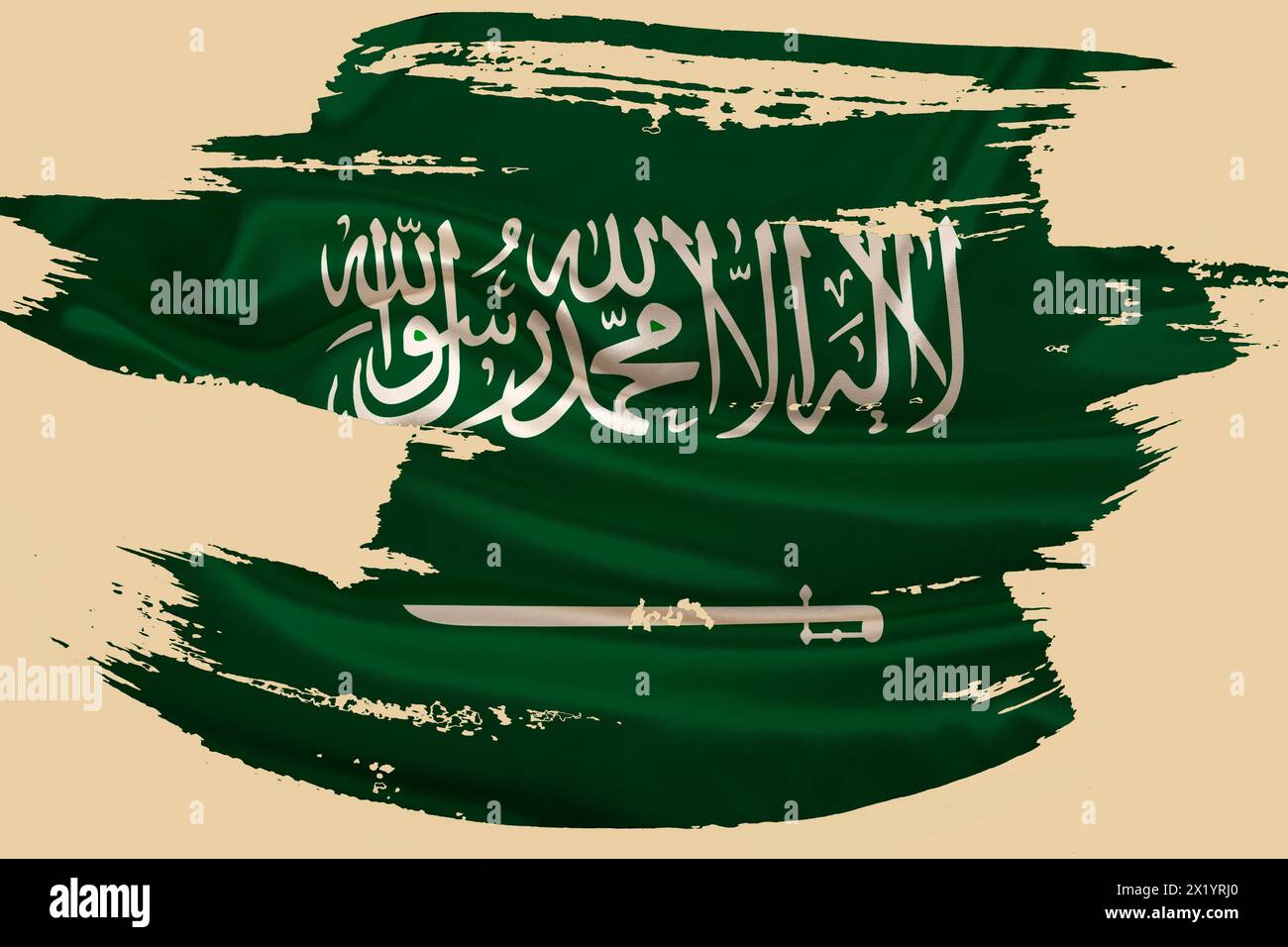 Farbige Nationalflagge des Königreichs saudi-arabien mit arabischer Inschrift. Es gibt keinen Gott außer Allah keinen Propheten außer Muhammad, Pinselstrich, Konzept Stockfoto