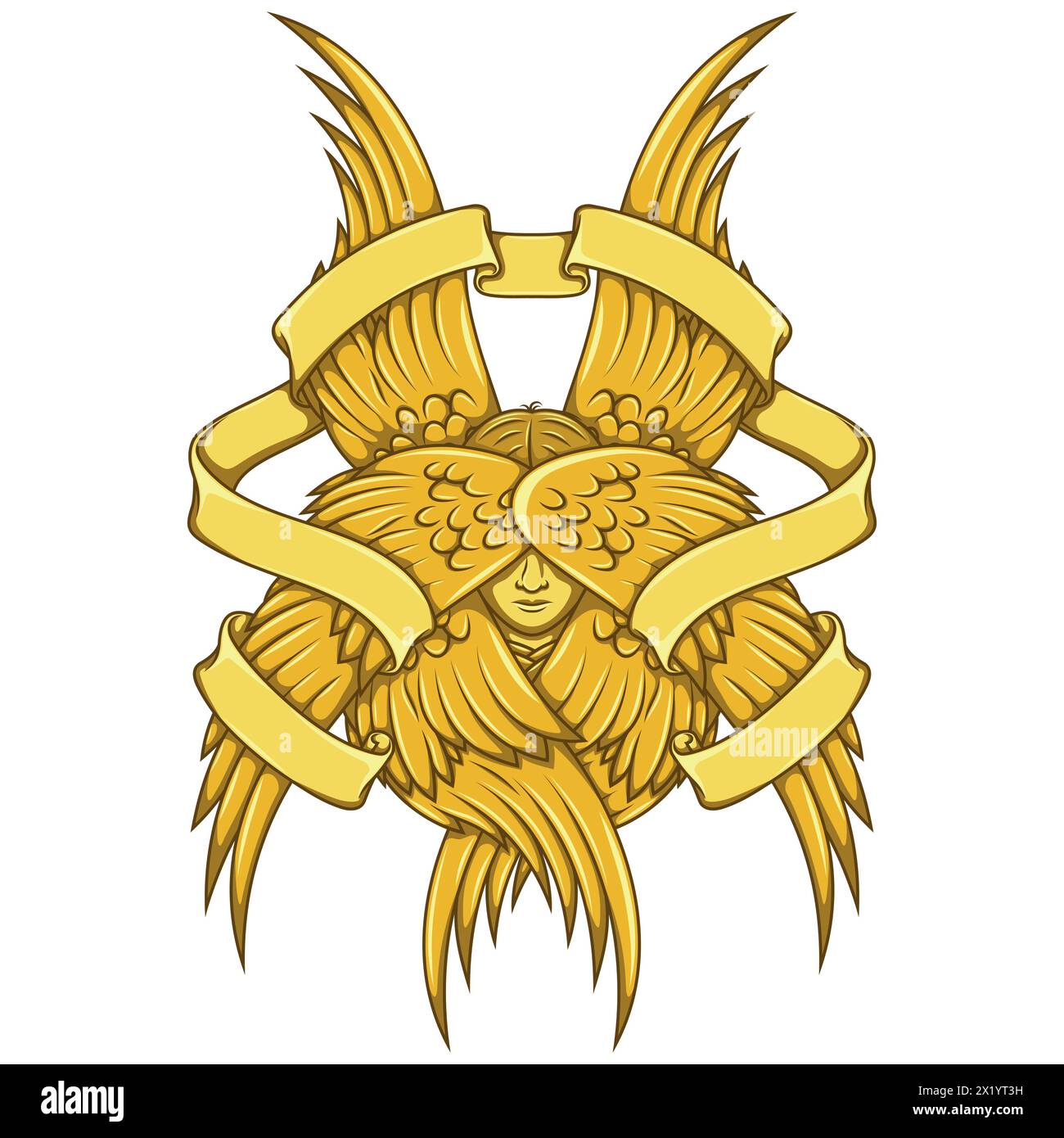 Vektordesign des Angels mit sechs Flügeln und Band, engelhaftes Gesicht der katholischen Religion, geflügelter Erzengel und umgeben von Himmelsrollen Stock Vektor