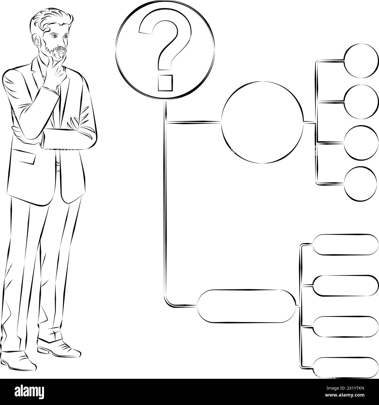 Ein Mann verwendet ein Entscheidungsbaumdiagramm, um ein Problem oder eine Chance im Entscheidungsprozess zu identifizieren. Geschäftskonzept. Skizze. Vektorabbildung. Stock Vektor