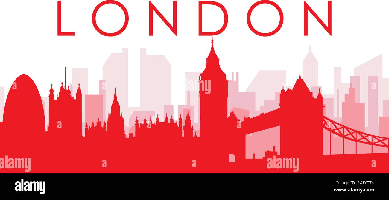 Rotes Poster mit Panoramablick auf die Skyline der Stadt von LONDON, GROSSBRITANNIEN Stock Vektor