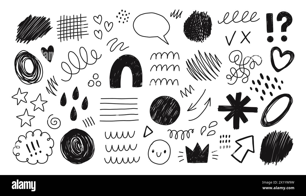 Handgezeichnete Doodle-Design-Elemente, schwarz auf weißem Hintergrund. Geschweifte Linien festgelegt. Kritzeln Sie Elemente mit schwarzen Strichen Stock Vektor