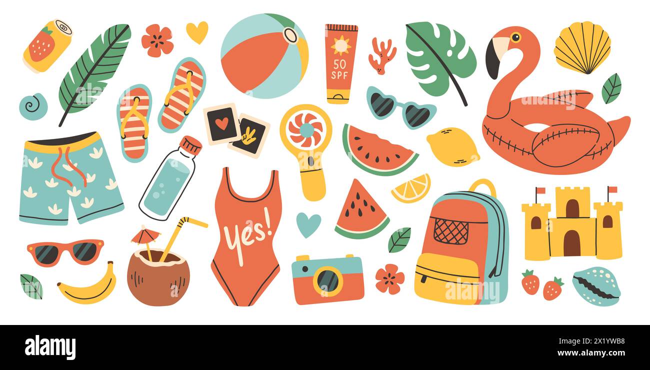 Sommer-Vektor-Set für Aufkleber. Symbole, Schilder, Banner. Helles Poster im Sommer. Elemente der Kollektion für den Sommerurlaub. Stock Vektor