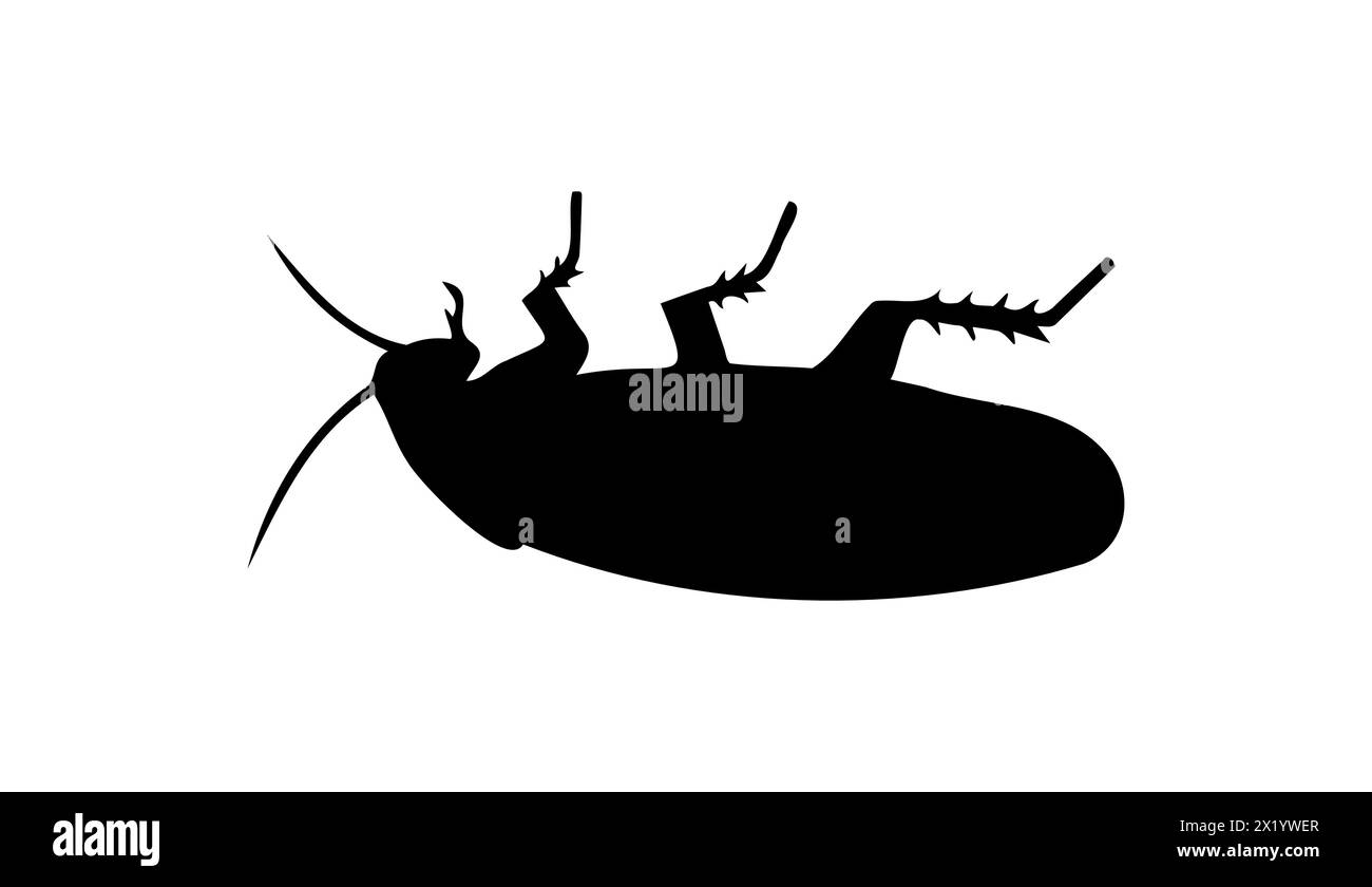 Schwarze Silhouette einer toten Kakerlake, die auf dem Rücken auf weißem Hintergrund liegt. Vektorabbildung. Gut geeignet für Werbeanzeigen zur Schädlingsbekämpfung, Hygieneaufklärung Co Stock Vektor