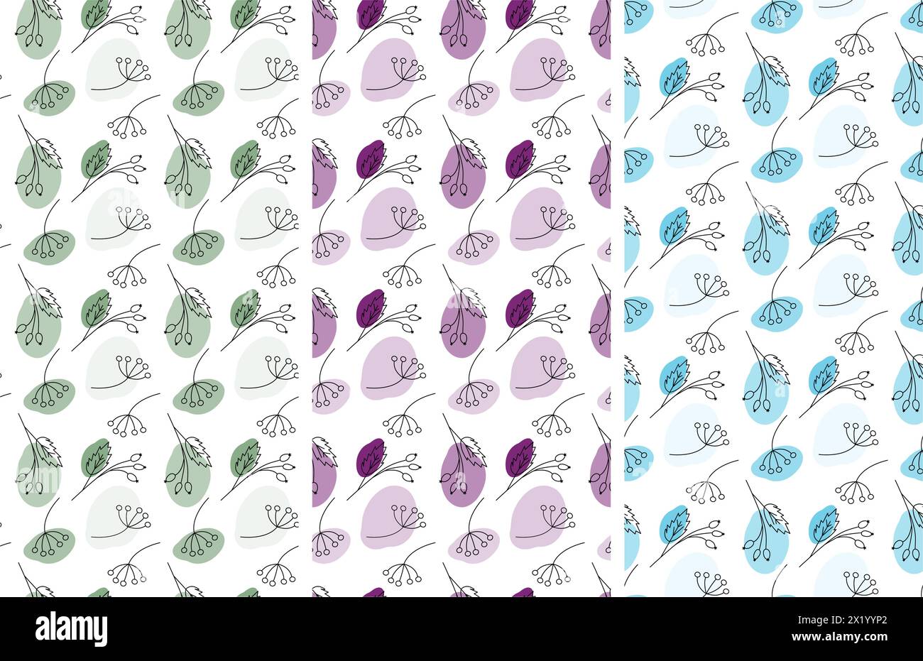 Umrandung von Zweigen mit Flecken in trendigen Markierungsfarben Set aus 2 nahtlosen Mustern abstrakte Hintergrundstruktur Isolate EPS Vector für Tapeten, Wrap oder Web, Poster, Karten, Etiketten oder Preisschilder, Werbeaktionen Stock Vektor