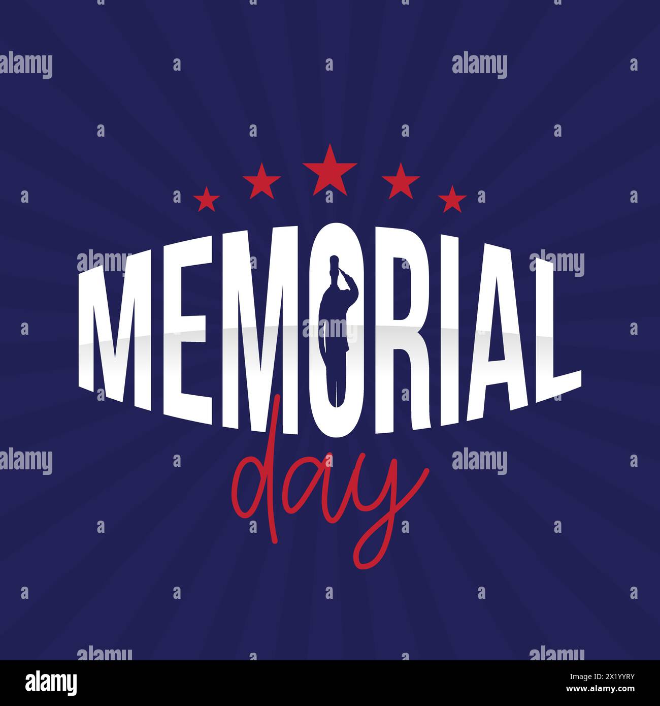 Typografie am Memorial Day mit einer militärischen Silhouette. Das Logo auf blauem Hintergrund wird geehrt. Gedenkfeiertag für den amerikanischen Unabhängigkeitstag. Stock Vektor