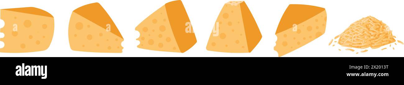 Schneiden Sie Käsescheiben in verschiedenen Rotationen. Geriebener Käse, Strohhalme, Dreiecksscheibe. Leckere Milchzutaten italienische, griechische und französische Küche. Anständiger Vektor Stock Vektor