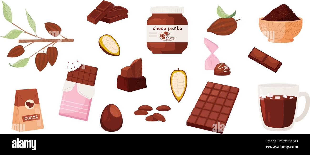 Kakaoerzeugnisse. Schokoladenpaste, Schokoladenriegel, Süßigkeiten und Pulver in einer Schüssel. Heißer Kaffee mit Marshmallow. Süße leckere Desserts, Cartoon kuschelige Vektor-Set Stock Vektor