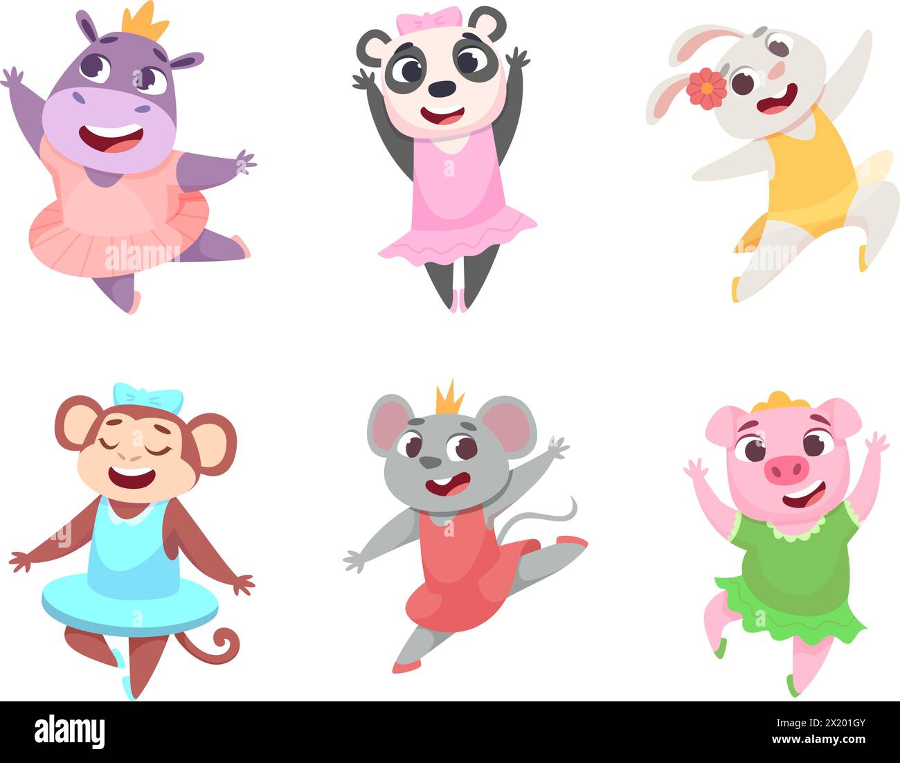 Balletttiere. Cartoon lustige Tiere tanzen in modischen Ballerinas Kleidung exakte Vektor Illustrationen Set Stock Vektor
