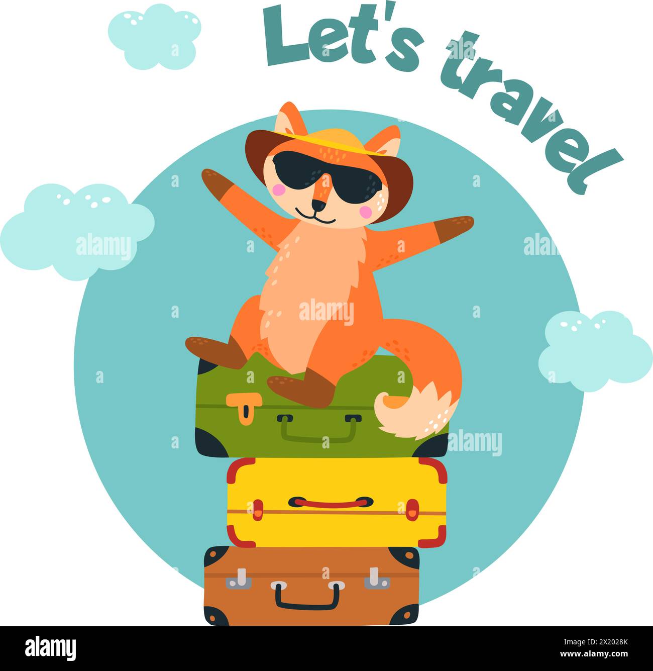 Poster für Tierreisen. Rotfuchs mit Hut und Sonnenbrille auf Koffern. Touristisches Konzept, wilde Outdoor-Abenteuer. Klassisches T-Shirt mit Vektor-Muster Stock Vektor