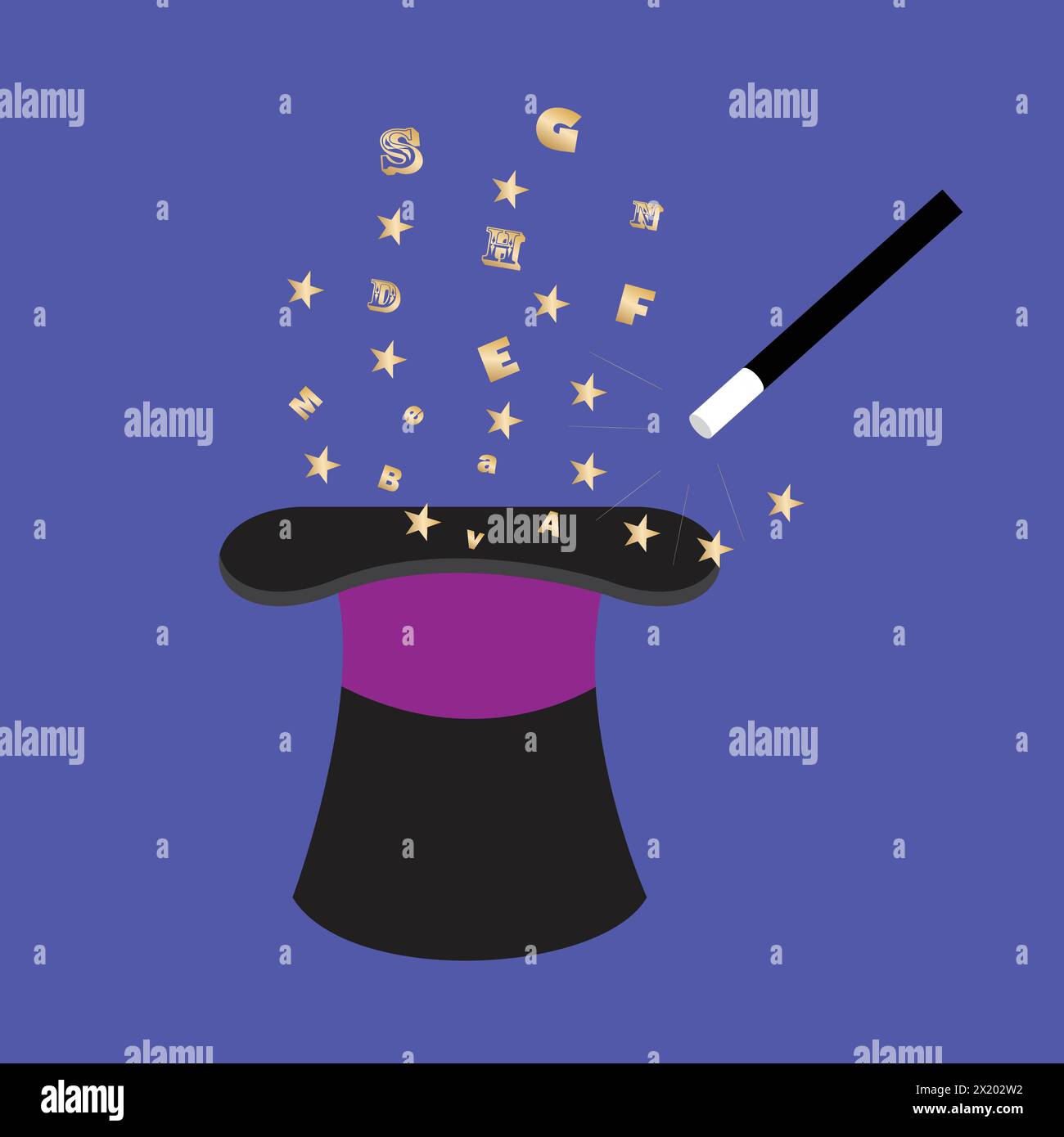 Magier-Hut mit Zauberstab und Buchstaben aus dem Alphabet Stock Vektor