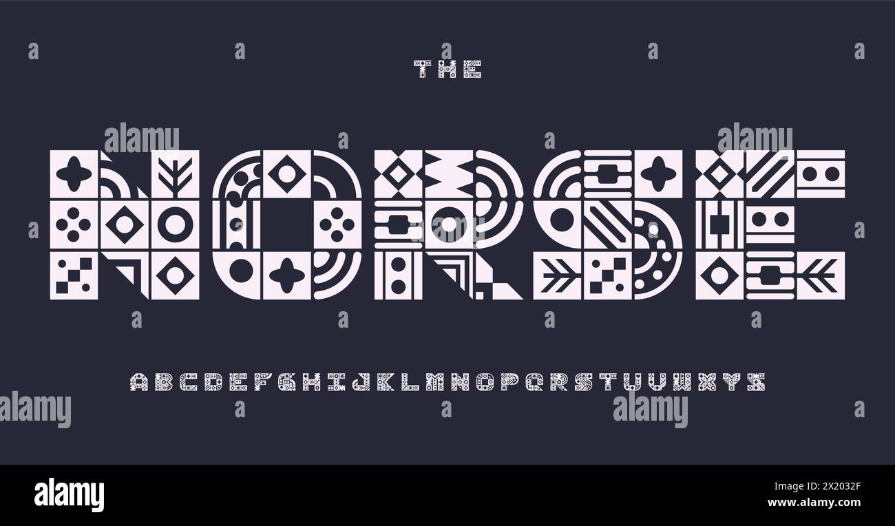 Traditionelles Stammesalphabet, geometrische quadratische Buchstaben, kreative modulare Schriftart für auffälliges Logo, künstlerische Überschrift, dekorative Typografie, ethnische Herkunft Stock Vektor