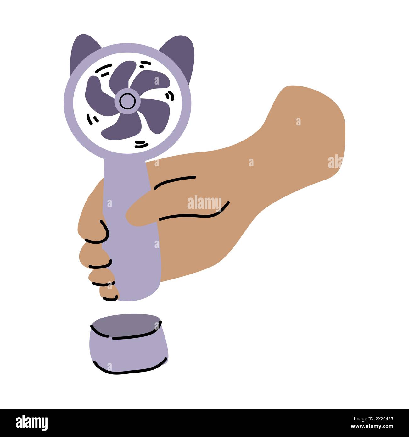 Handgezogener einfacher tragbarer Lüfter – Elektrogerät. Vektor-Illustration des Fächers mit Hand in Pastellfarben. Halten Sie das Gebläse in der Hand oder drücken Sie die Taste ein. Stock Vektor