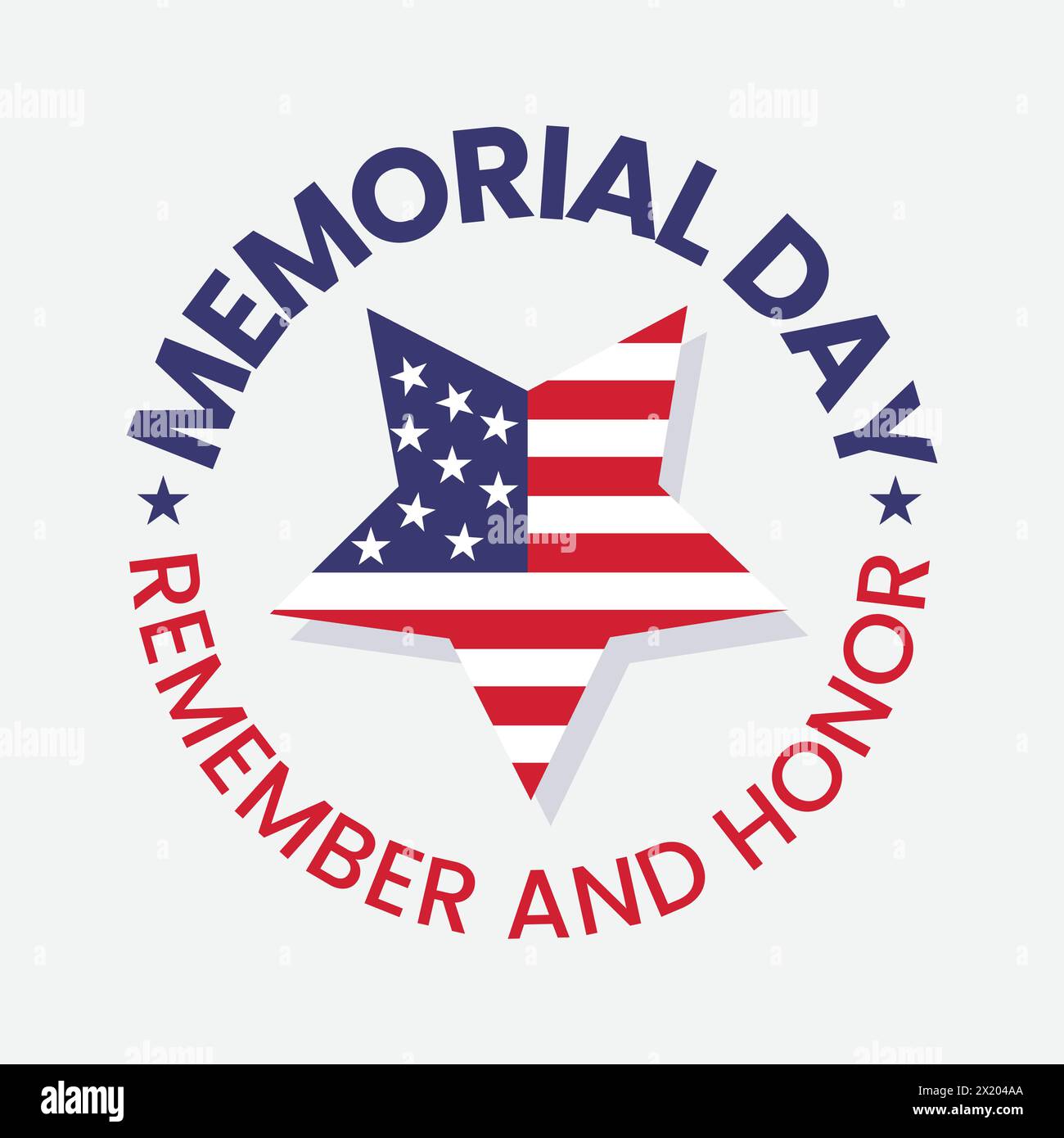 Memorial Day Emblem mit amerikanischer Flagge in Sternform. Denken Sie an das Logo. Gedenkfeiertag für den amerikanischen Unabhängigkeitstag. Rot und blau. Stock Vektor