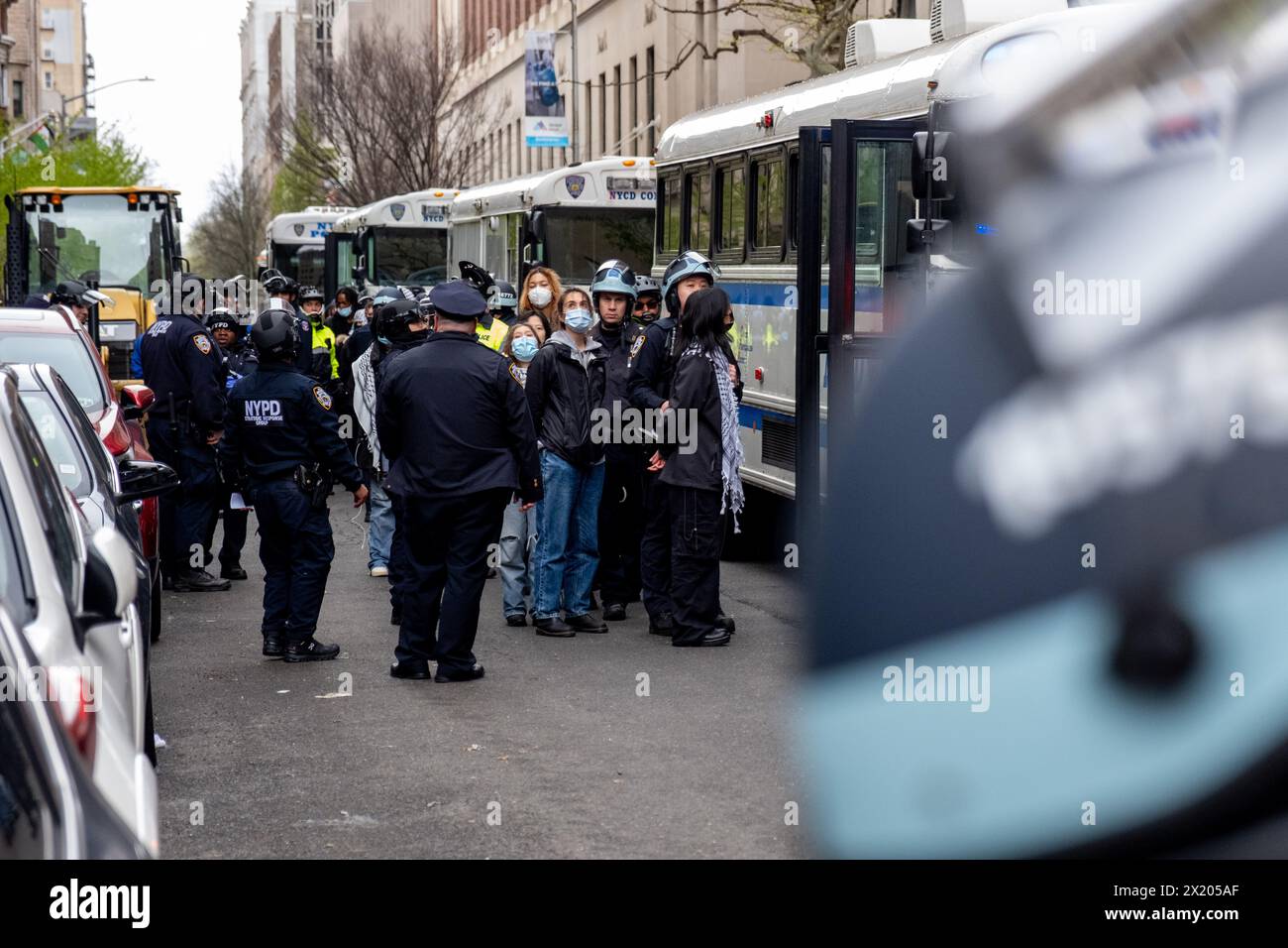 New York, Usa. April 2024. Studenten, geführt von NYPD SRG-Offizieren, warten auf den zweiten NYPD-Bus in der 114. Straße. Pro-palästinensische Studenten an der Columbia University, die am Tag zuvor ein „Gaza Solidarity Encamp“ auf dem Campus eingerichtet hatten, werden verhaftet, nachdem Columbia das NYPD angewiesen hatte, sie zu räumen. (Foto: Syndi Pilar/SOPA Images/SIPA USA) Credit: SIPA USA/Alamy Live News Stockfoto