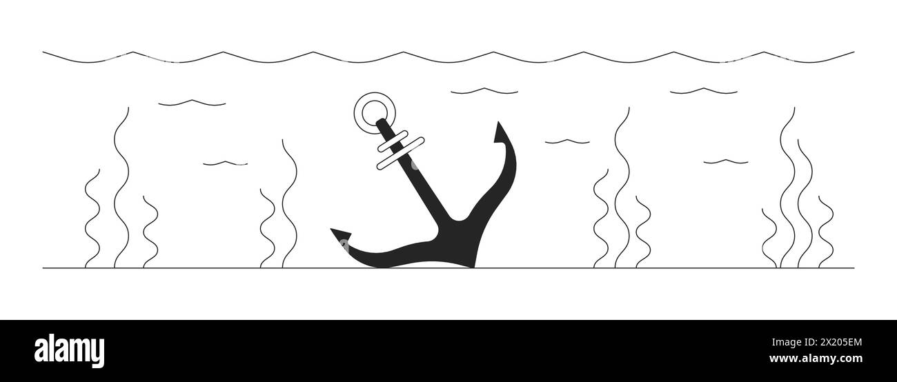 Verlorener Schiffsanker unter Wasser 2D lineares Zeichentrickobjekt Stock Vektor
