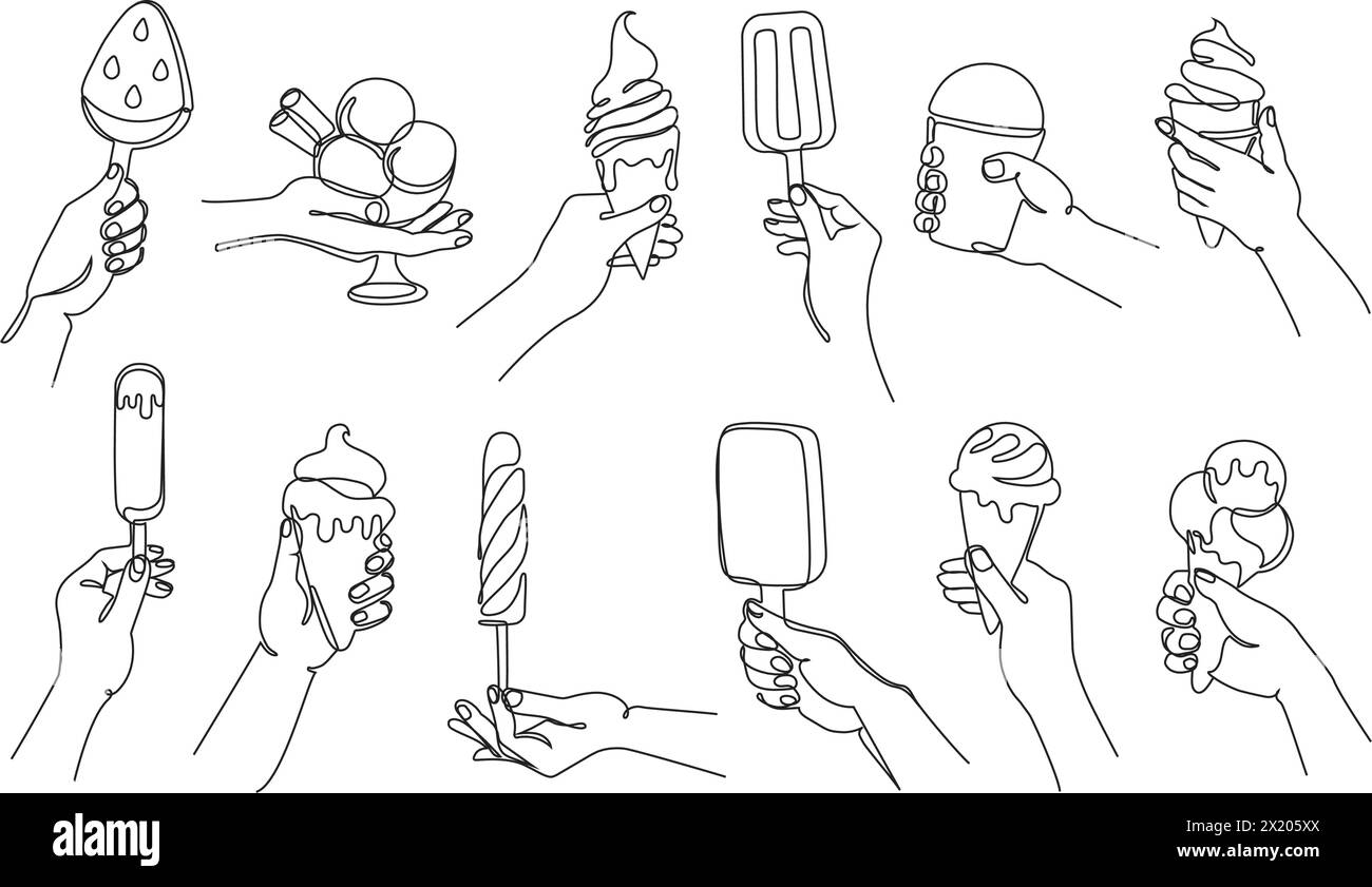 Hand mit Eis. Durchgehende einzeilige Hand hält Kegel, Eis und Eisbecher Eis Vektor Illustration Set mit editierbaren Strichpfaden. Dess Stock Vektor