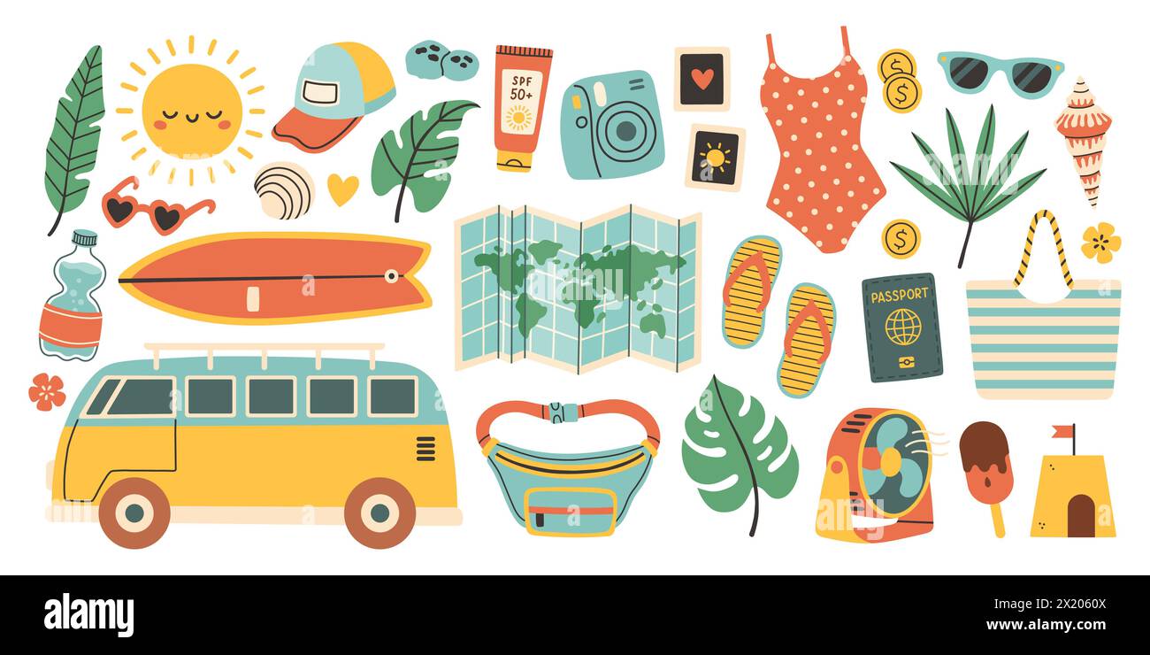 Sommer-Vektor-Set für Aufkleber. Symbole, Schilder, Banner. Helles Poster im Sommer. Elemente der Kollektion für den Sommerurlaub. Stock Vektor