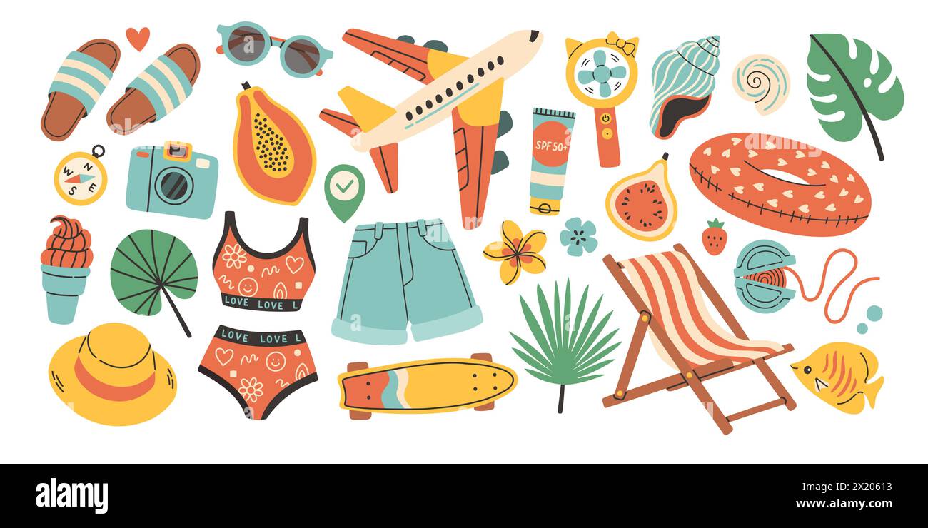 Sommer-Vektor-Set für Aufkleber. Symbole, Schilder, Banner. Helles Poster im Sommer. Elemente der Kollektion für den Sommerurlaub. Stock Vektor