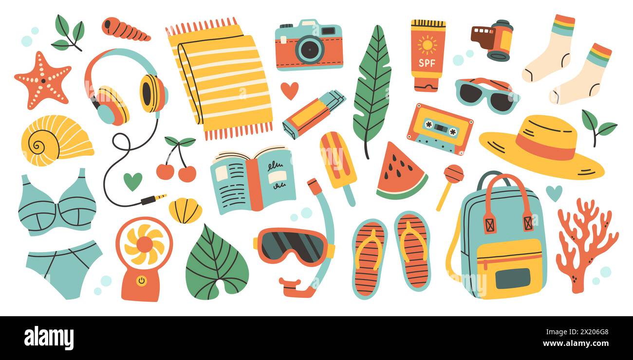 Sommer-Vektor-Set für Aufkleber. Symbole, Schilder, Banner. Helles Poster im Sommer. Elemente der Kollektion für den Sommerurlaub. Stock Vektor