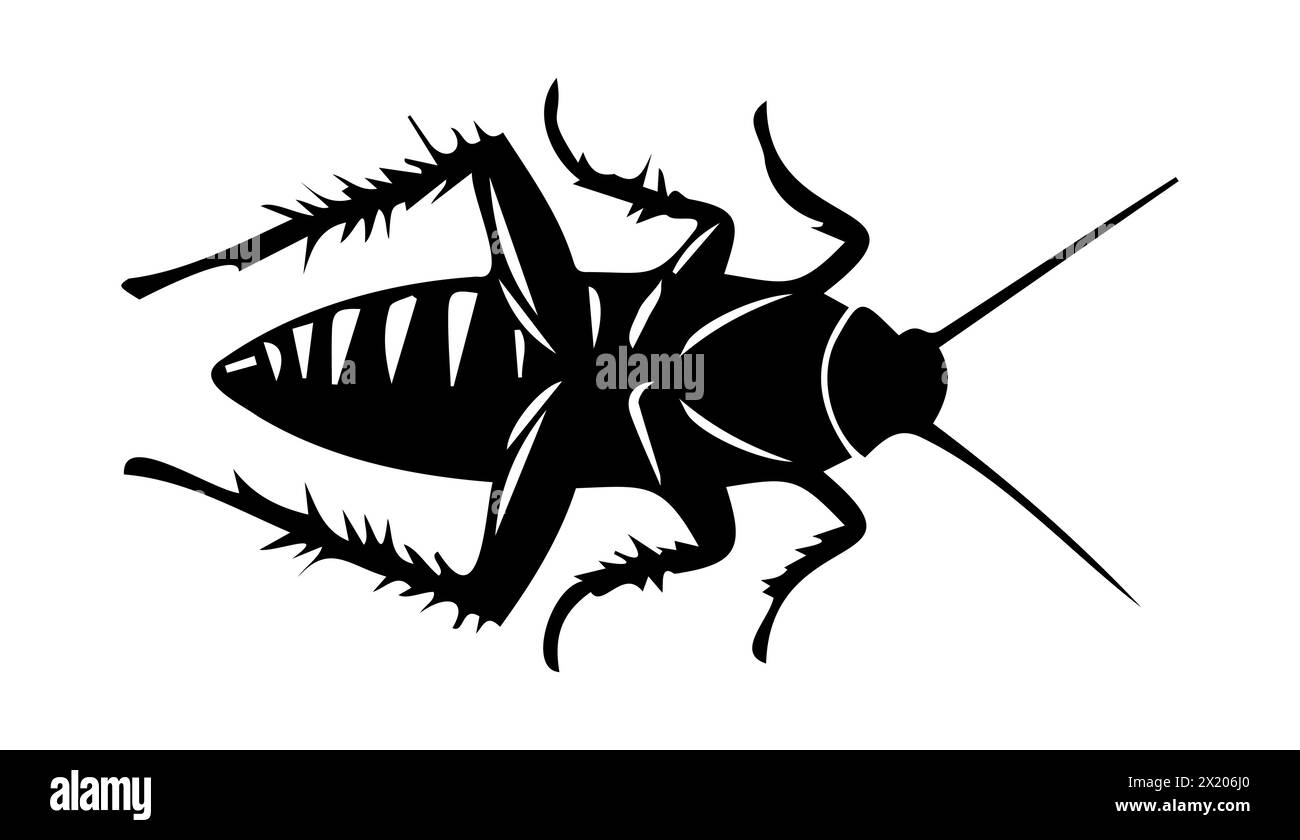Schwarze Silhouette einer toten Kakerlake, die auf dem Rücken auf weißem Hintergrund liegt. Vektorabbildung. Gut geeignet für Werbeanzeigen zur Schädlingsbekämpfung, Hygieneaufklärung Co Stock Vektor