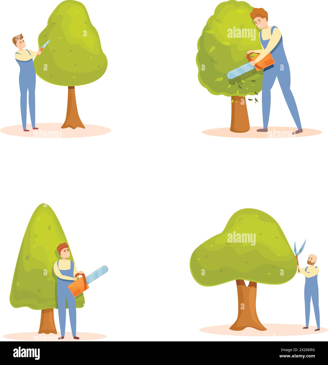Symbole zum Beschneiden von Bäumen setzen den Cartoon-Vektor. Männlicher Gärtner mit unterschiedlicher Ausrüstung. Gartenservice Stock Vektor