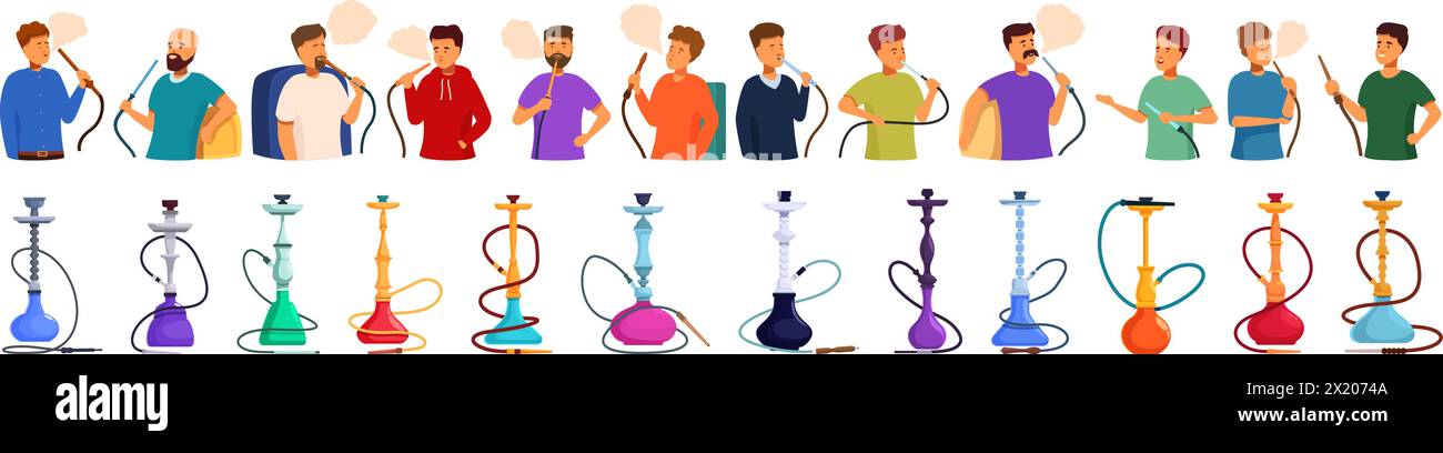 Mann rauchende Shisha Icons setzen Cartoon Vektor. Tabaklounge. Bar Shisha Relax Stock Vektor