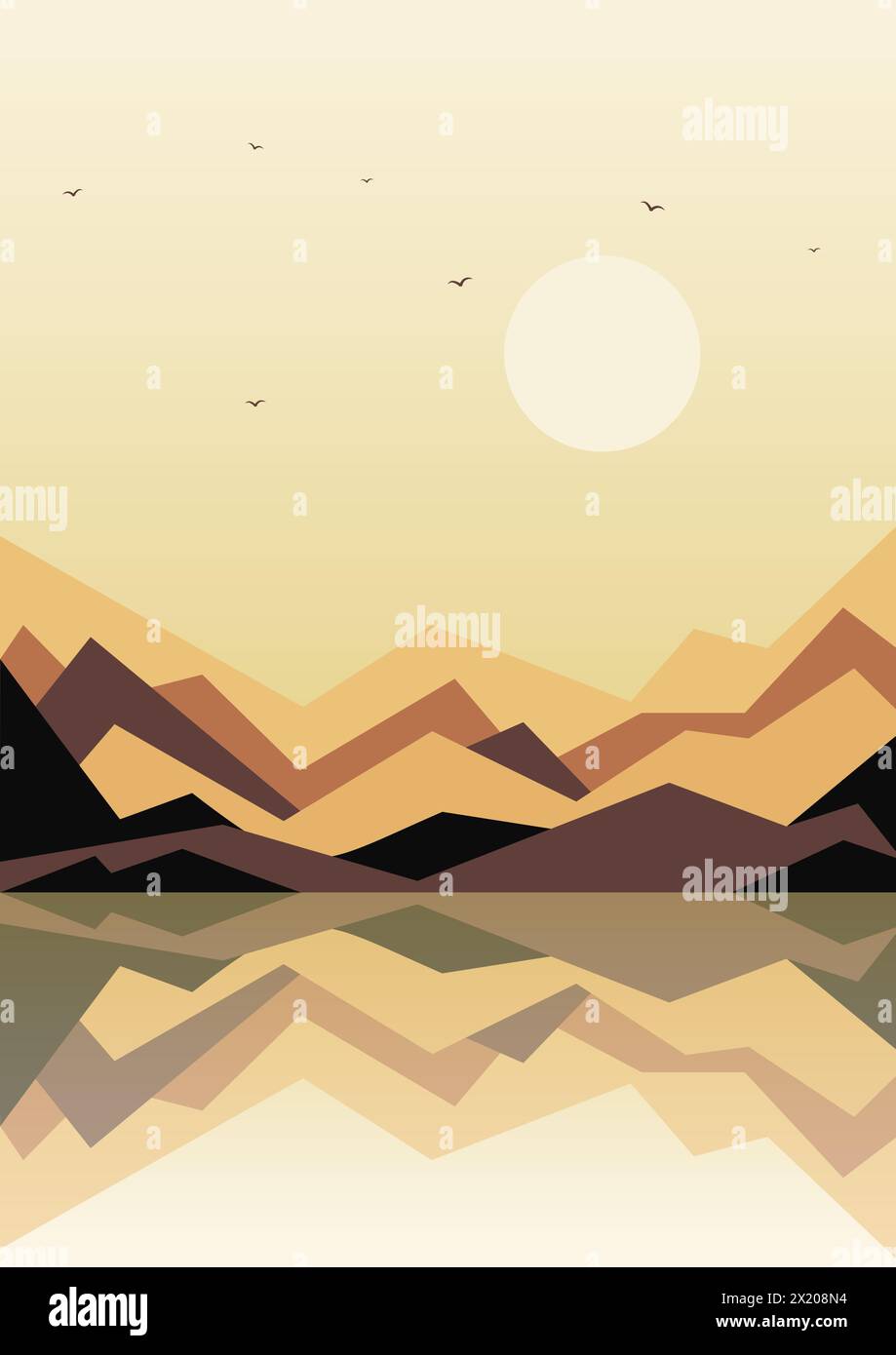 Poster zur Illustration der Küste und der Berge. Fliegende Vögel am Morgenhimmel. Minimalistischer moderner Vektor-Terrakotta-Cartoon. Trendige Moderne Stock Vektor