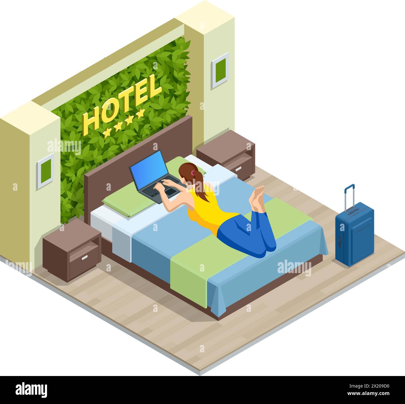 Isometrische moderne Schlafzimmer-Suite im Hotel. Das Hotel checkt ein und erholt sich in den Zimmern. Genießen Sie Urlaub und Urlaub. Mobile Anwendung, Hotel Stock Vektor