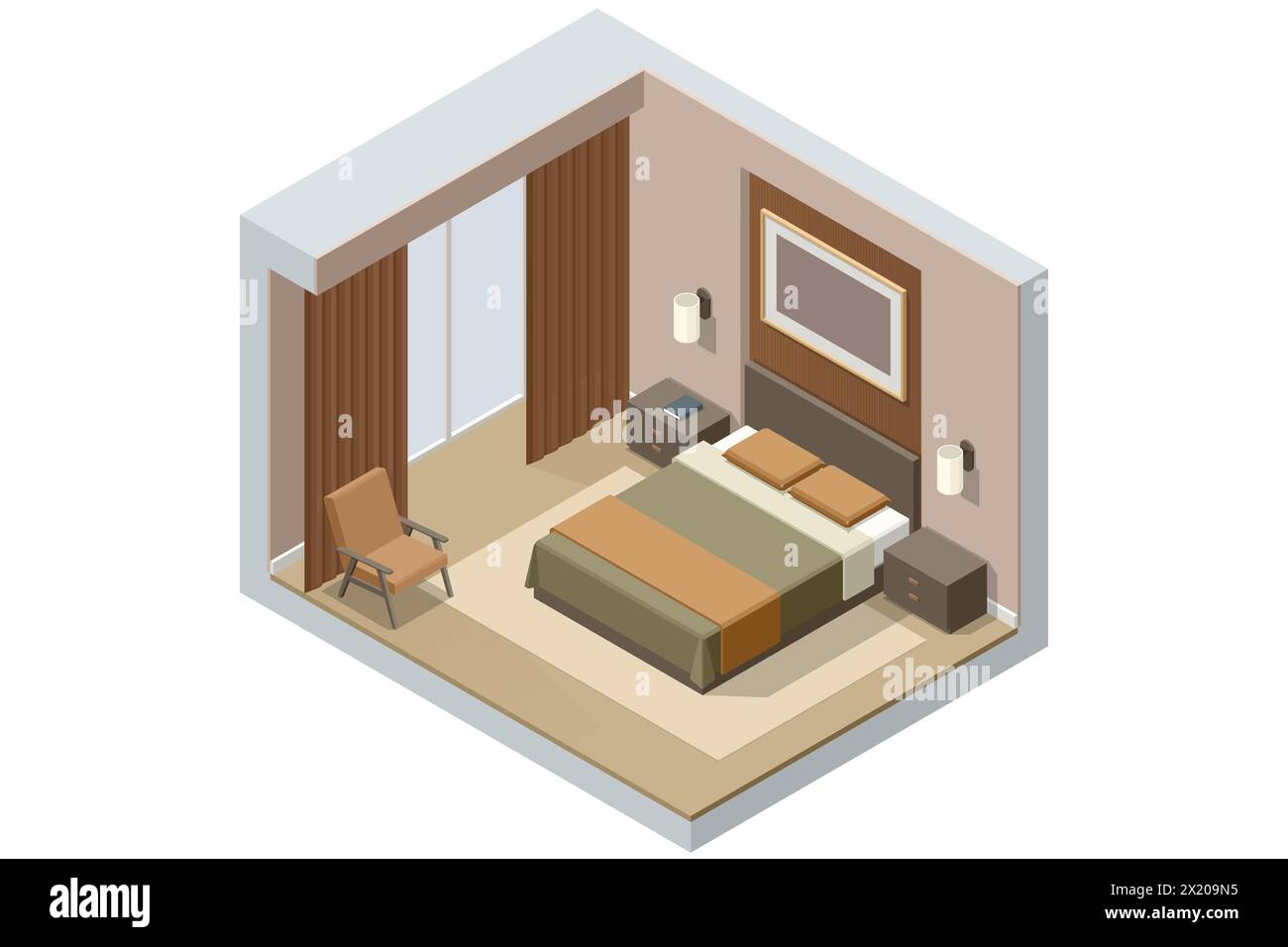 Isometrische moderne Schlafzimmer-Suite im Hotel. Das Hotel checkt ein und erholt sich in den Zimmern. Genießen Sie Urlaub und Urlaub. Mobile Anwendung, Hotel Stock Vektor