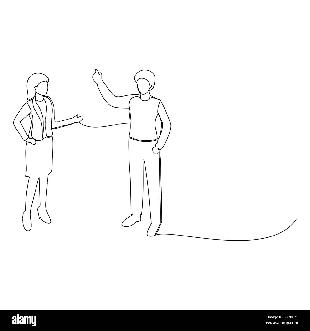Geschäftsmann und Geschäftsfrau, die ein Geschäftsgespräch führen. Effektive Kommunikation im Geschäftskonzept. Einfache Vektorgrafik der kontinuierlichen Linienzeichnung Stock Vektor