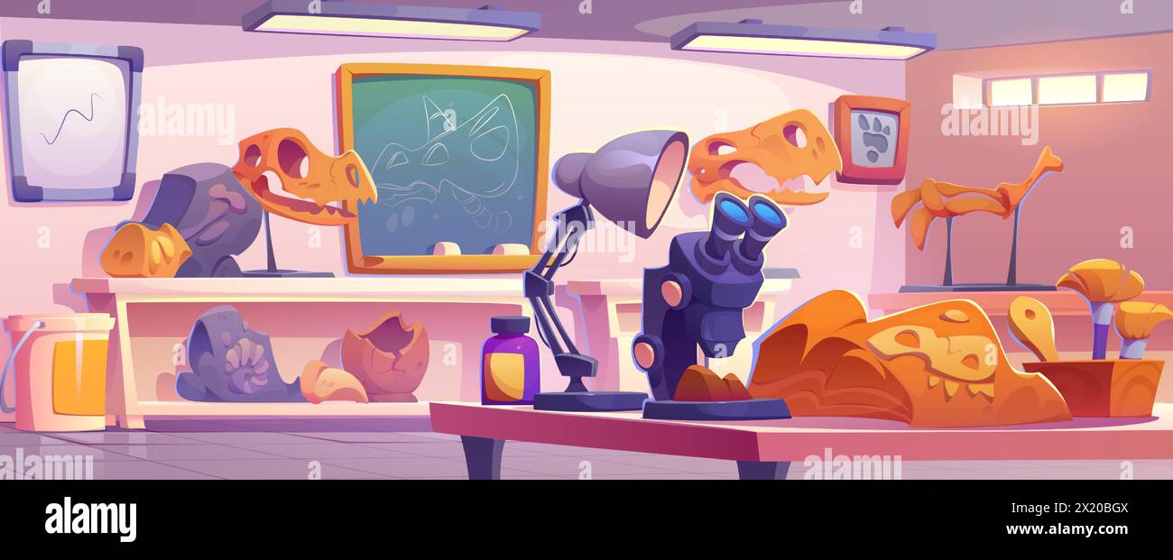 Dinosaurier-Fossil und -Stein im Archäologiemuseum oder Labor. Ammoniit, Fußabdruck und prähistorische Evolutionsbeweise. Tierskelett-, Knochen- und Reptilienanalyse im Universitätslabor mit Lupe Stock Vektor