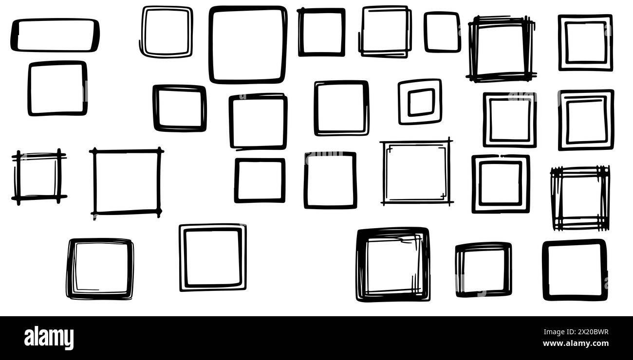 Durchgehend eine schwarze Linie Freihandzeichnung schwarzer quadratischer Rahmen Set Linienstärke Scribble verschiedene Element Collection Vektor Stockfoto