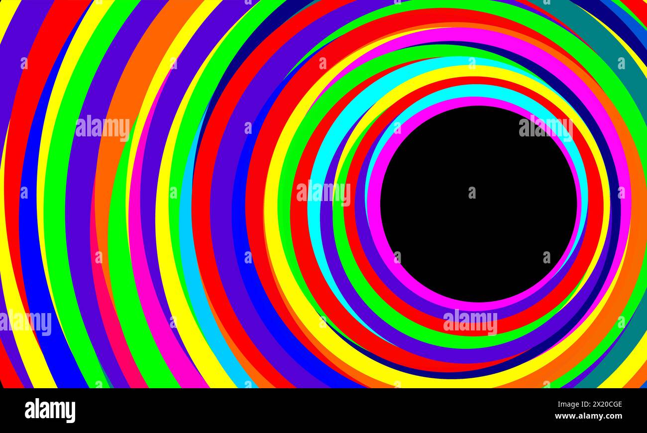 Gekrümmter Kreis in verschiedenen Farben. Fragmente von bunten Linien, die einen Kreis mit einem schwarzen Loch bilden Stock Vektor