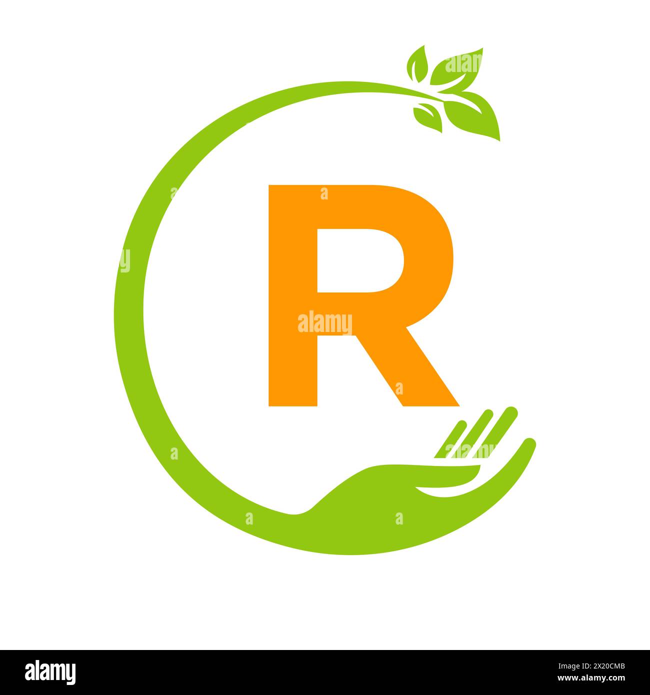 ECO-Logo auf Buchstabe R Concept mit Hand- und Blattsymbol. Recycling-Schild Stock Vektor