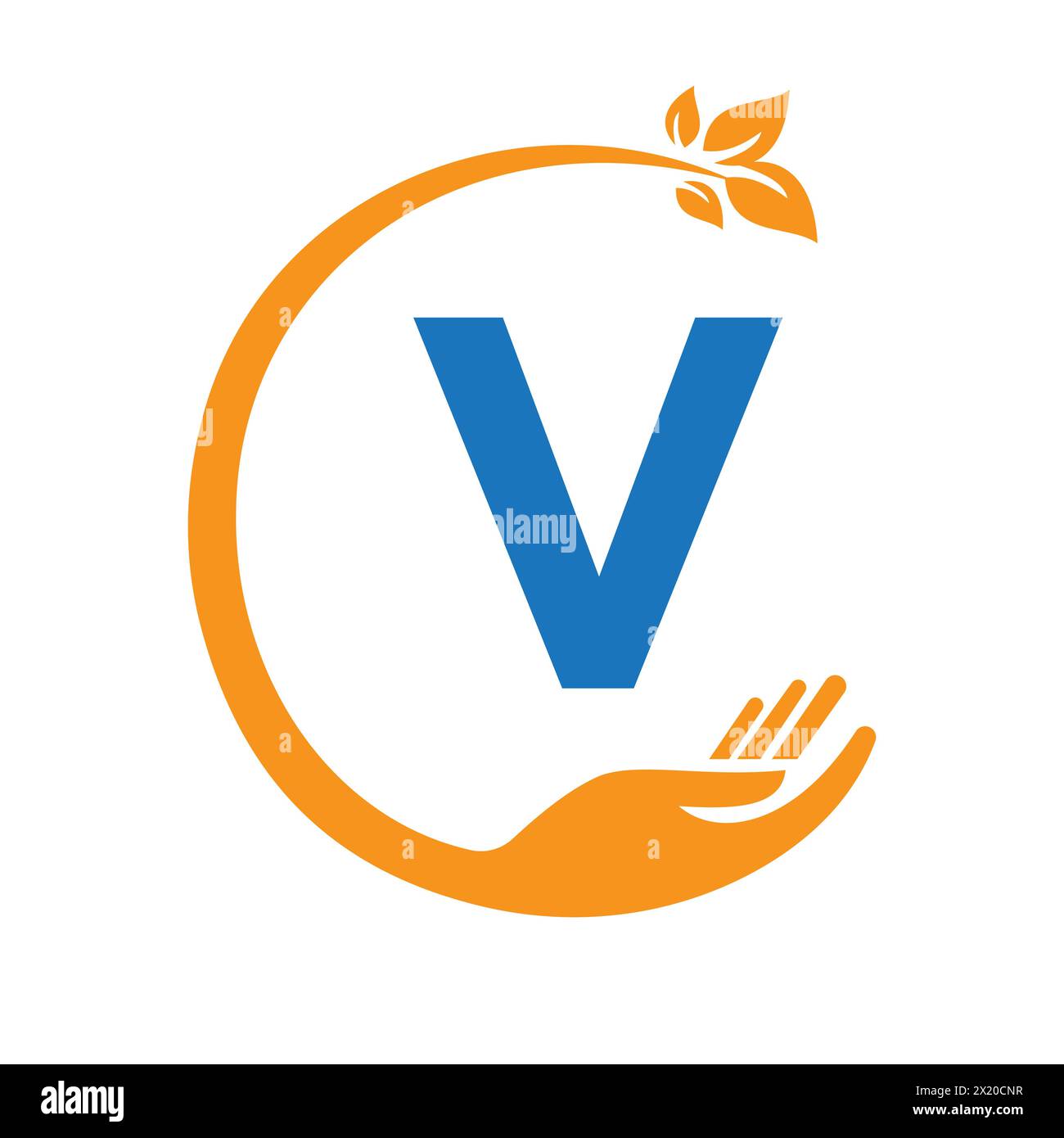 ECO-Logo auf Buchstabe V Konzept mit Hand- und Blattsymbol. Recycling-Schild Stock Vektor