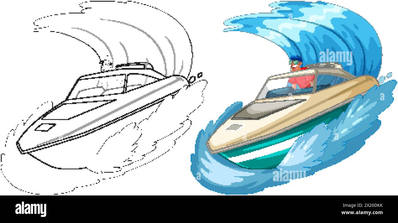 Vektor-Illustration eines Schnellbootes, das Meereswellen fährt Stock Vektor