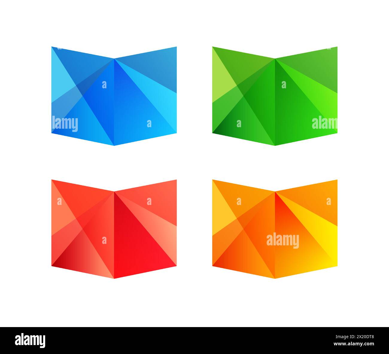Ein Satz kreativer Bücher aus Buntglas. Schulsymbole. Isolierte Elemente. Bildungs-Logo-Konzept. Niedliche bunte Elemente. Öffnen Sie die Buchvorlage. Modern Stock Vektor