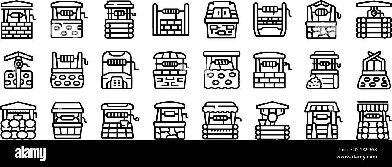 Alte Wasserbrunnensymbole setzen den Konturvektor. Ländlicher Stein. Alte Gartenfarm Stock Vektor