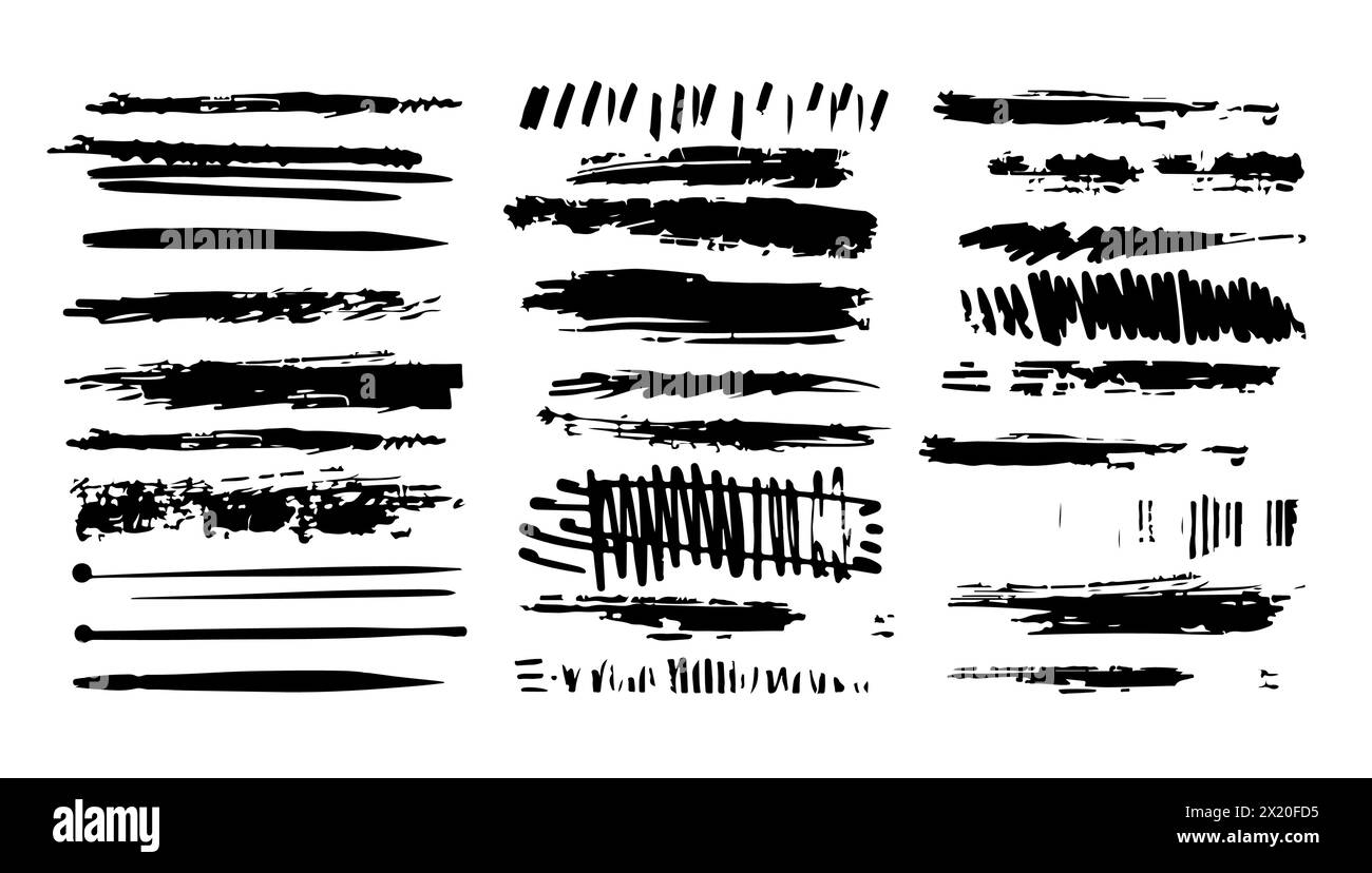 Pinselstrich unterstreichen. Abstrakte Gestaltung von Linien- und Konturelementen der Kollektion. Texturteilerkontur Bezugshinweis. Skizzenmarkierungsrahmen, Buntstift-Streifen Stock Vektor