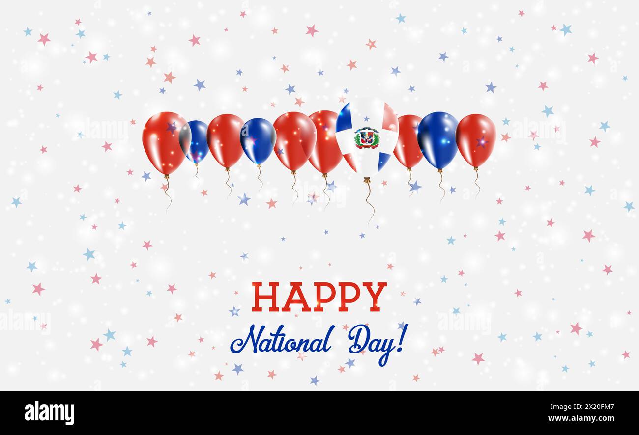Prickelndes Patriotisches Poster Zum Unabhängigkeitstag Der Dominikanischen Republik. Reihe von Ballons in den Farben der Dominikanischen Flagge. Grußkarte mit Nationalflaggen, Co Stock Vektor