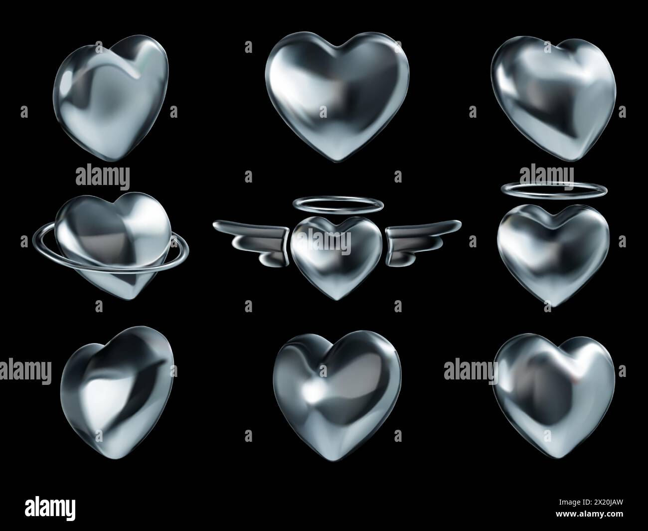Flüssige Chrom-Herzsymbole. Glänzendes metallisches Liebessymbol, Retro Y2K Herzen und romantische futuristische 3D Form Vektor Set aus Chrom Element futuristischen Symbol Stock Vektor