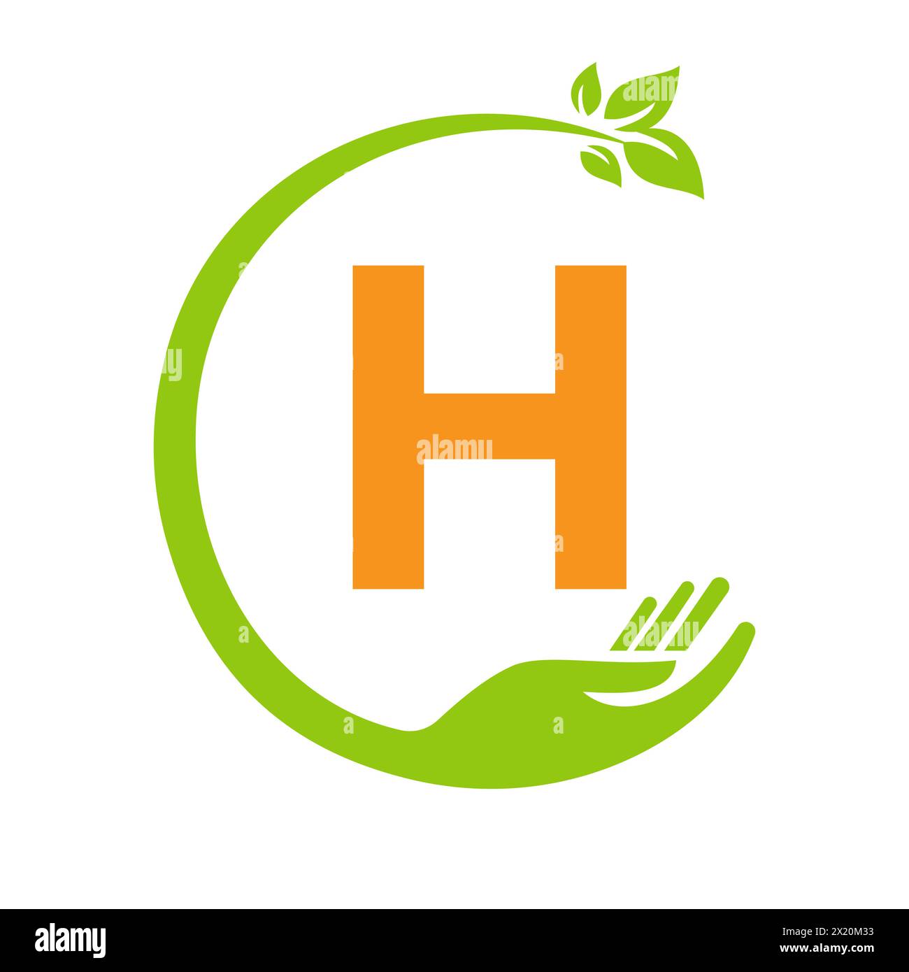 ECO-Logo auf Buchstabe H Concept mit Hand- und Blattsymbol. Recycling-Schild Stock Vektor