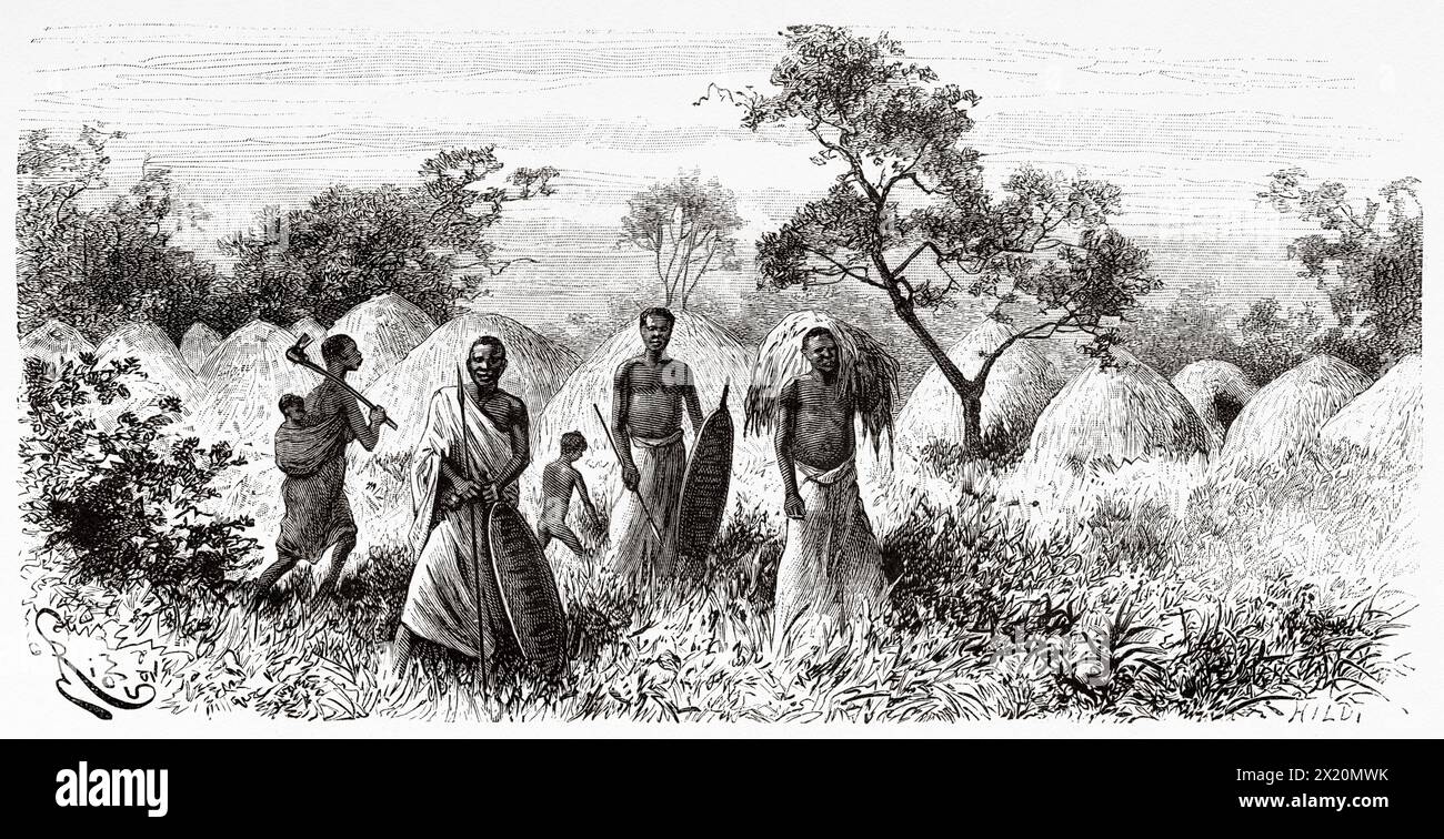 Indigene Ureinwohner des Stammes der Wasagara, Tansania, Ostafrika. Zeichnung von Edouard Riou (1833–1900) die Seen des äquatorialen Afrika, Entdeckungsreise 1883-1885 von Victor Giraud (1858–1898) Le Tour du Monde 1886 Stockfoto