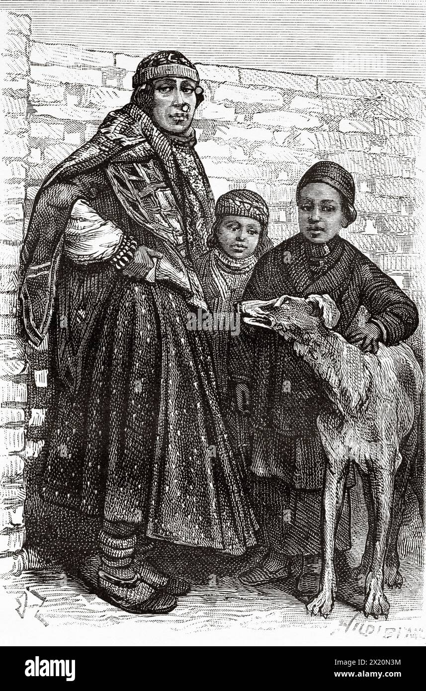 Einheimische Familie aus Dezful in traditioneller Tracht, Iran. Naher Osten. Zeichnung von Edouard Zier (1856–1924) Persien, Chaldea und Susiana 1881-1882 von Jane Dieulafoy (1851–1916) Le Tour du Monde 1886 Stockfoto