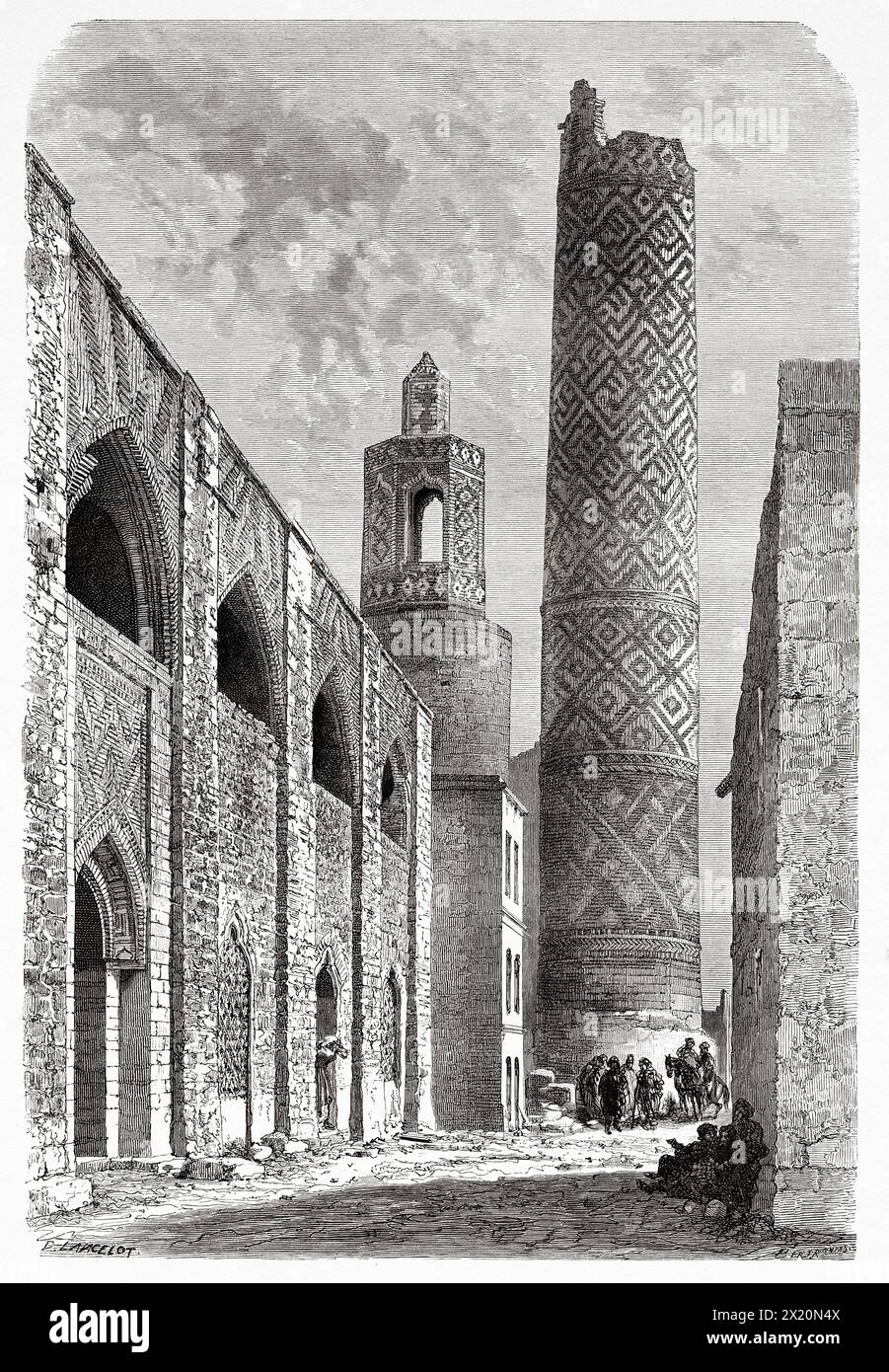Minarett der Jameh-Moschee oder der Freitagsmoschee, Shushtar, Iran. Naher Osten. Zeichnung von Dieudonne Lancelot (1823 - 1895) Persien, Chaldea und Susiana 1881-1882 von Jane Dieulafoy (1851 - 1916) Le Tour du Monde 1886 Stockfoto